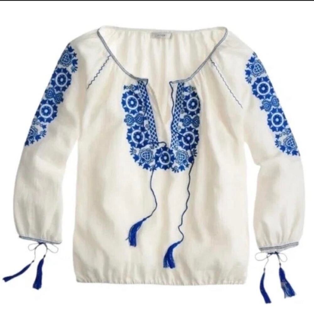 J.Crew White Boho Embroidered Peasant 100% Cotton Blouse Blue Floral Tassels $98